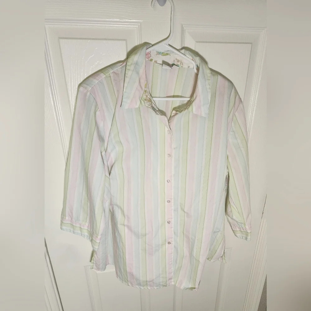 Alia Pastel Striped Womens Button Up Top with Shoulder Pads
